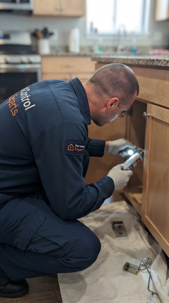 Technician examining a lower kitchen cabinet with a flashlight