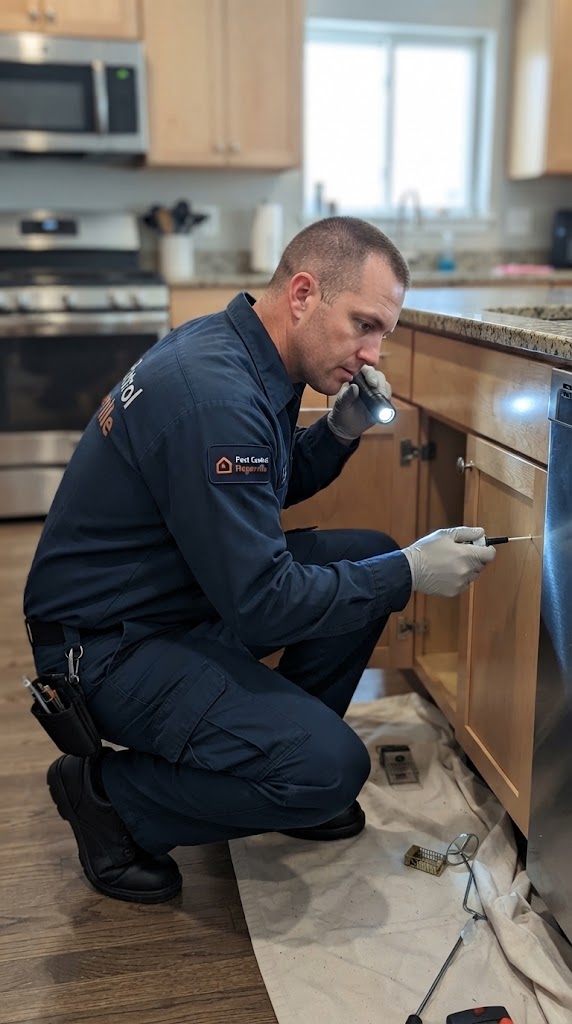 Technician checking a kitchen cabinet beside a dishwasher